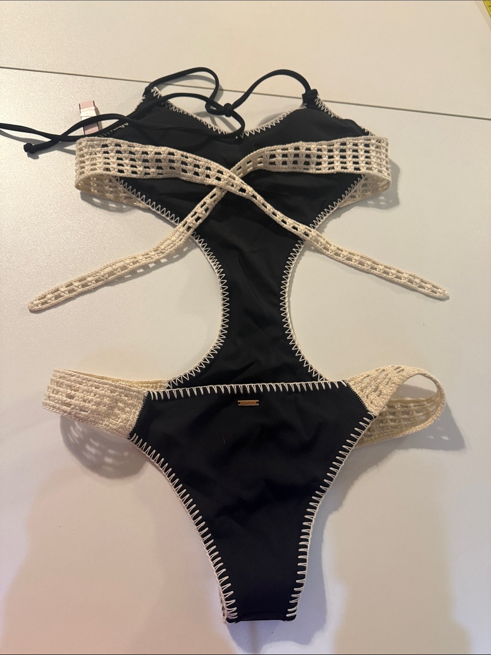Victoria's Secret Black One-Piece Swimsuit with Cream Crochet Trim - Picture 3 of 5